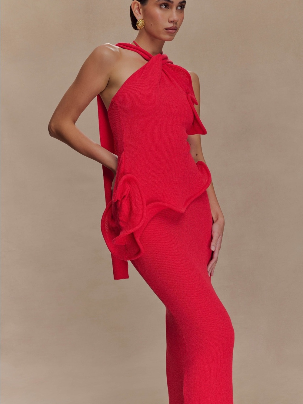 Meshki Red Sculptural Knit Dress